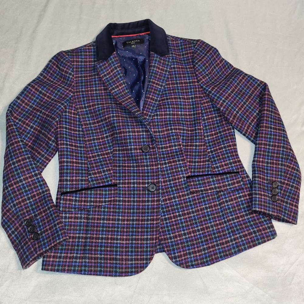 Talbots Plaid blazer wool blend Size 8 grunge primary colors